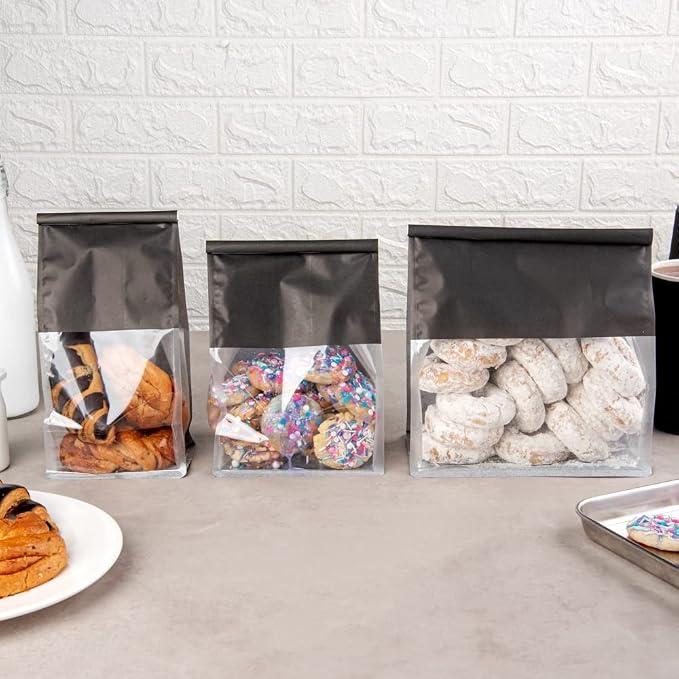 Bag Tek 5.1 x 4.1 x 11.2 Inch Tin Tie Bags With Windows, 100 Resealable Bakery Bags With Windows - Flat Bottom, For Cookies or Coffee Beans, Black Cotton Paper Tin Tie Bags - Restaurantware - Image 7