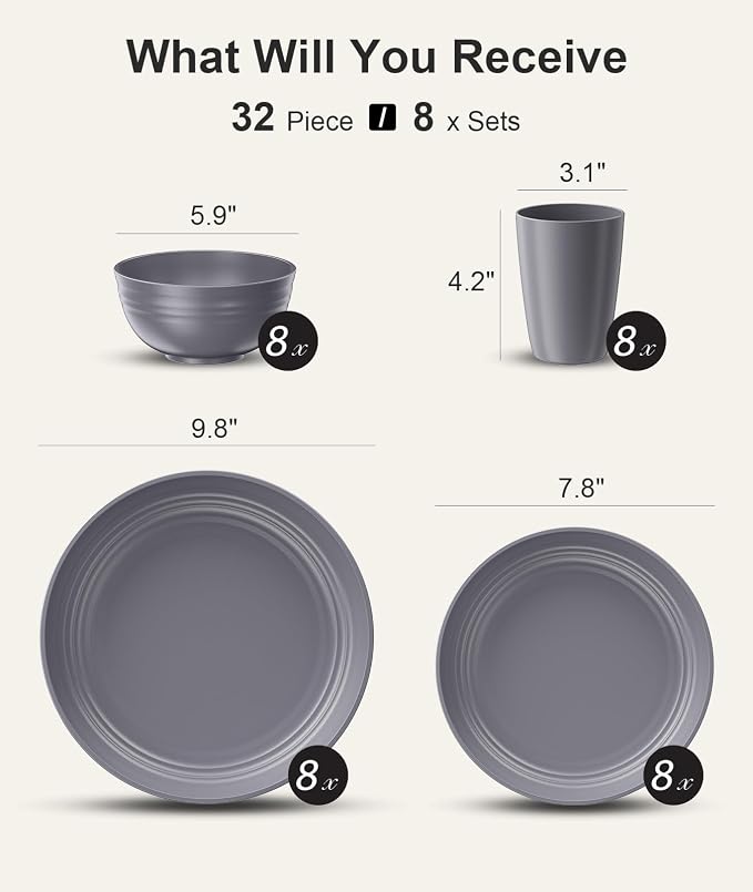 Quatish 32 Piece Plates and Bowls Sets for 8, Unbreakable Dinnerware Sets, Plastic Dish Set for Camping, Dishwasher Microwave Safe, Outdoor Kitchen and Apartment Dorm Dinning RV Essentials, Grey - Image 2