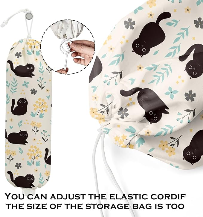 Cute Cat Plastic Bag Holder, Vintage Floral Plastic Bag Holders for Grocery Bags, Washable Grocery Bags Storage Dispenser for Home Kitchen Pantry Decor, Cat Lover Gifts for Women, 22.5x9 Inch - Image 4