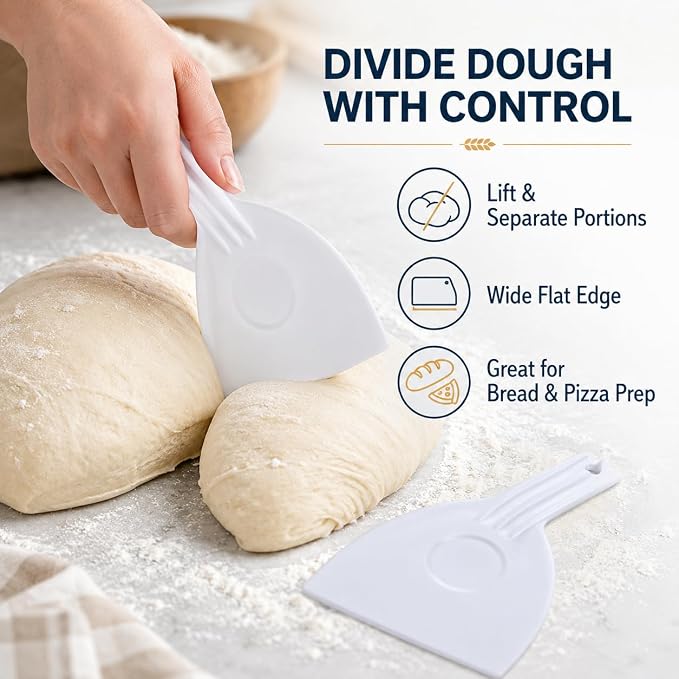 2 Pcs Dough Scraper Cutters, Bread Chopper Separator, Flour Scraper | Two 16.5 x 9.8 cm White Scrapers with 7.5 cm Handles for Dough Dividing, Flour Gathering, Cake Smoothing and Pastry Prep - Image 4