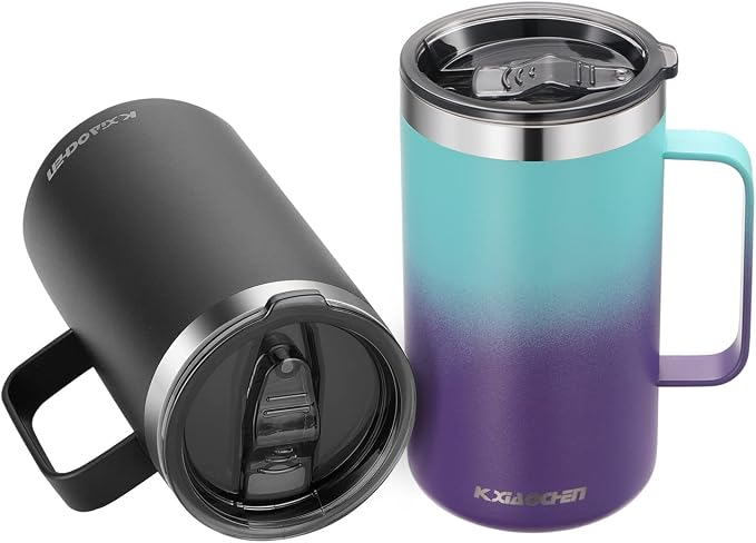 KXIAOCHEN 2-Pack 20 oz Insulated Coffee Mugs, Coffee Cups with Wide Handles | 18/8 stainless steel, sliding lids, 6+ hours hot or 12+ hours cold, wide mouth, no-sweat, for office, home, camping and gifts by KXIAOCHEN