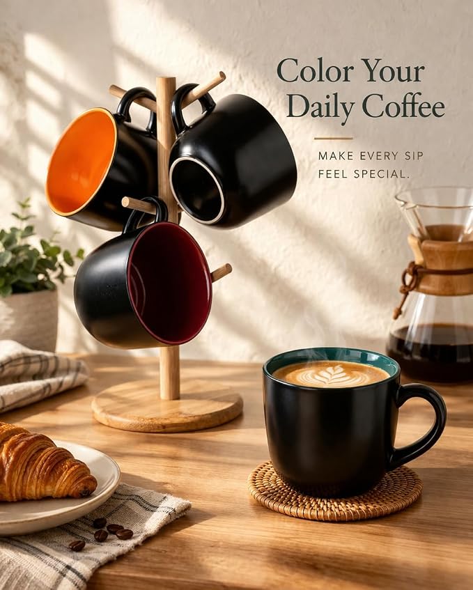 GBhome Jumbo Soup Mugs with Handles, 24 Oz Large Coffee Mugs Set of 4, Ceramic Soup bowls for Soup Cereal Snacks Salad Noodles Cups, Microwave safe - Matte Black, Colorful Inside - Image 7