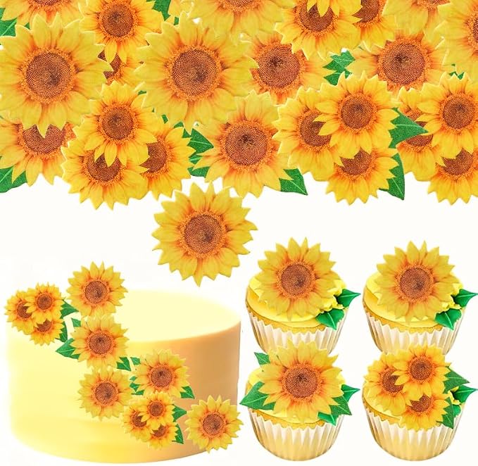 50PCS Edible Sunflower-Shaped Cake Decorations, With Green Leaves and Flowers, Suitable for Sunflower Bohemian Spring and Summer Themes, Birthdays, Weddings, and Christmas Parties (50 Flowers) by Unknown