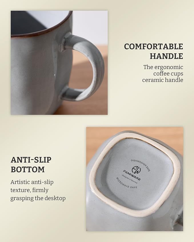 famiware Coffee Mugs Set of 6, Ocean Square 13oz Coffee Cup Set with Handle for Cocoa, Milk, Hot Chocolate, Tea, Water, Stoneware Cups for Kitchen, Microwave and Dishwasher Safe, Grey - Image 7