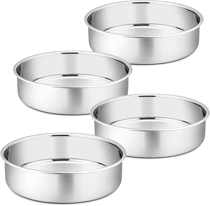 P&P CHEF 8 Inch Cake Pan Set of 4, Stainless Steel Round Cake Pans Tins | Baking Round Cake Bakeware for Birthday Wedding, Leak-proof & Mirror Finish & Easy Releasing, Dishwasher Safe by PPCHEF
