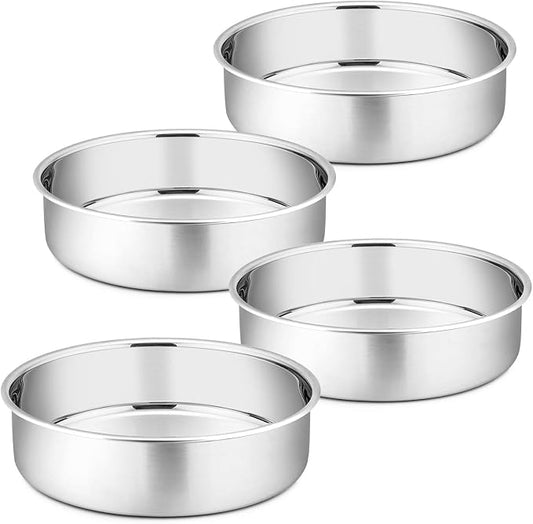 P&P CHEF 8 Inch Cake Pan Set of 4, Stainless Steel Round Cake Pans Tins | Baking Round Cake Bakeware for Birthday Wedding, Leak-proof & Mirror Finish & Easy Releasing, Dishwasher Safe by PPCHEF