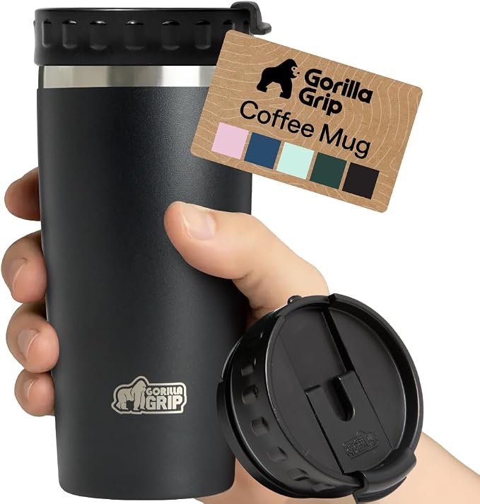 GORILLA GRIP 304 Stainless Steel Double Insulated Travel Coffee Mug, Leakproof Lid with Smooth Sip Top, Prevent Spills, Dent & Rust Resistant Reusable Tumbler Cup, Thermal Mugs for Drinks, 20oz, Black by Unknown
