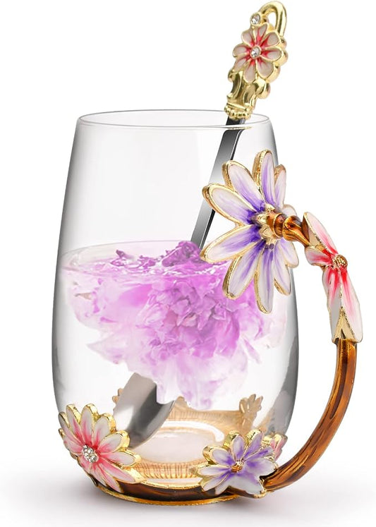 OEAGO Purple Gifts for Women Mom Mothers Day Glass Coffee Enamels Mug Best Birthday Flower Gifts for Her from Daughter Son Lead-Free Christmas Tea Cup with Spoon Set by OEAGO