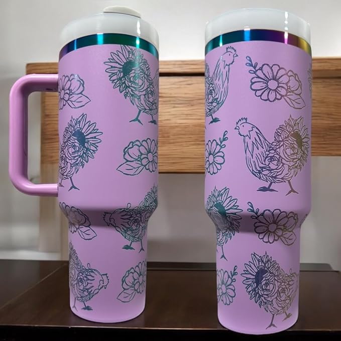 Tumbler, 40oz Tumbler, Western Tumbler, Engraved Cup with Handle, Cute Coffee Mug, 40oz Coffee Mug (Purple/Rainbow(27)-Chicken(N))