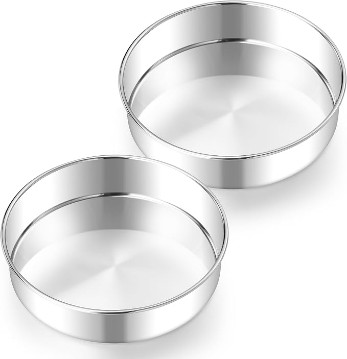 E-far 8 Inch Cake Pan Set of 2, Stainless Steel Round Baking Pans Tins Mold - Non-Toxic & Leak-Proof for Birthday Wedding Layer Tiered Cake, Easy Clean & Dishwasher Safe by E-far