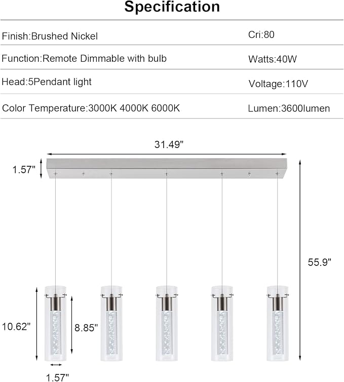 Dimmable Kitchen Pendant Lights, Brushed Nickel Remote Control led Pendant Lighting,3D Modern Pendant Light for Kitchen Dinning Room, Living Room, Corridor, Cafe bar, Club, Restaurant - Image 2