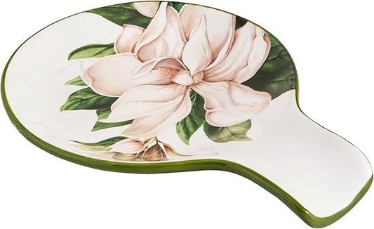Bico Magnolia Floral Spoon Rest for Stove Top, Ceramic Spoon Holder for Kitchen Counter, Easy to Clean Coffee Spoon Rest Dishwasher Safe, Kitchen Cooking Utensil Rest for Ladles Spatula by Bico