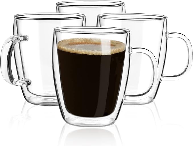 YUNCANG Double Wall Coffee Mugs, (4-Pcak) 16 Ounces-Clear Glass Cups with Handle,lnsulated,Cappuccino,Tea,Latte Cups,Beverage Glasses Heat Resistant by YUNCANG