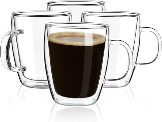 YUNCANG Double Wall Coffee Mugs, (4-Pcak) 16 Ounces-Clear Glass Cups with Handle,lnsulated,Cappuccino,Tea,Latte Cups,Beverage Glasses Heat Resistant by YUNCANG