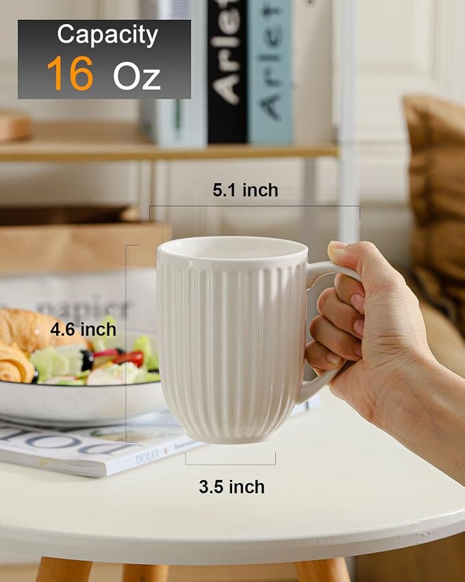 HASENSE Ceramic Coffee Mugs Set of 6, 16 Oz Large Ribbed Coffee Cups with Big Handle, Unique Modern Style White Latte Mugs for Tea,Cocoa,Milk,Cappuccino, Microwave & Dishwasher Safe - Image 3