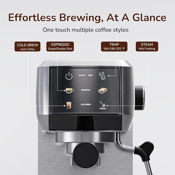 Canoly 2-in-1 Espresso Machine, Cold Brew Maker, 20 Bar Pump, Touchscreen | Steam Milk Frother for Cappuccino and Latte, Compact Home Espresso Maker, 9 Bar Extraction, Fast Heating, Easy Cleaning - Image 9