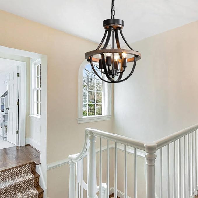 Chandeliers，Farmhouse Ceiling Chandelier Wood Black Modern Rustic Hanging Pendant Light Fixture with Chain for Dining Room Living Room Entryway Kitchen Island Bedroom Foyer Lighting（4-Light） - Image 2