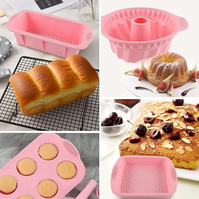 Nonstick Silicone Bakeware Set, 7pcs Baking Cake Pan, Economical BPA Free Heat Resistant Bakeware Suppliers Tools Kit with Silicone Brush for DIY Loaf Bread Cheesecake Pizza Cupcake Muffin