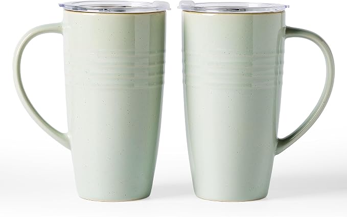 famiware Jupiter Large Coffee Mug, 20oz Coffee Mug with Lid, Ceramic Mugs Set of 2, Cup Set with Handle for Latte, Tea, Cocoa, Milk, Home & Office, Microwave and Dishwasher Safe, Light Green by Famiware