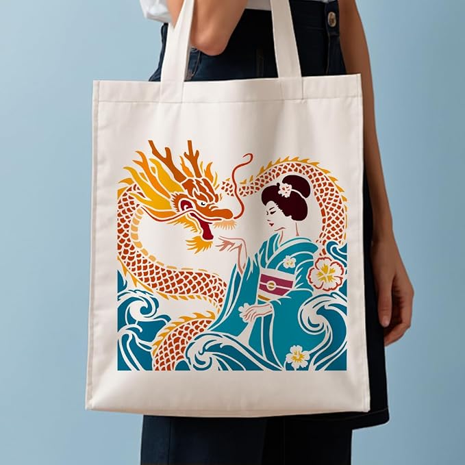 FINGERINSPIRE Japanese Geisha Painting Stencil with Brush 11.8x11.8inch Plastic PET Wave Dragon Drawing Template Decorative Hollowed Oriental Theme Stencil for Painting on Wood Canvas Fabric Clothes - Image 5