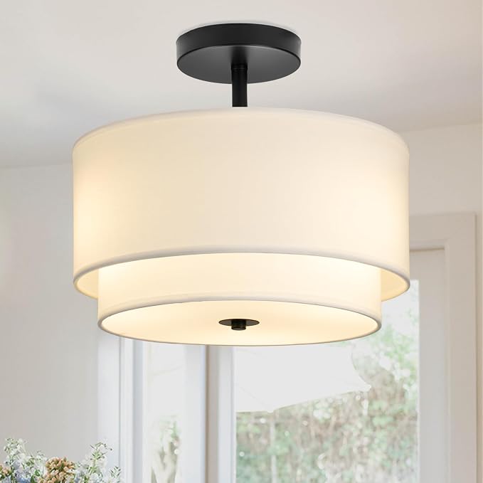 Vexagyle 3-Light Semi Flush Mount Ceiling Light Fixture,12.6inch Modern Close to Ceiling Light with 2-Layer White Drum Fabric Shade,Entryway Light Fixture Ceiling Mount Lamps for Bedroom Dining Room by HomeLighting