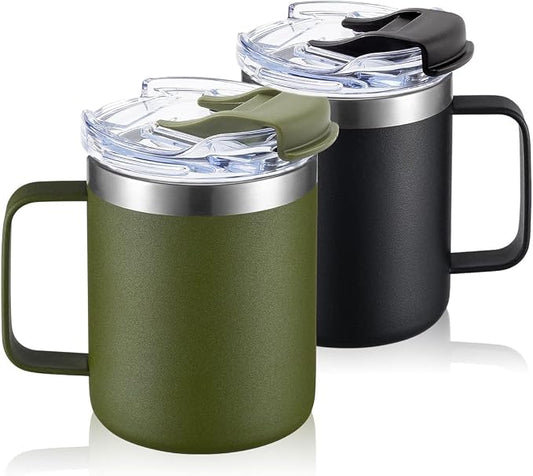 12oz Insulated Travel Coffee Mug with Handle, Black Army, 2 Pack | Stainless Steel Coffee Tumbler with Lid, Double Wall Vacuum Thermal Cup for Camping by ALOUFEA