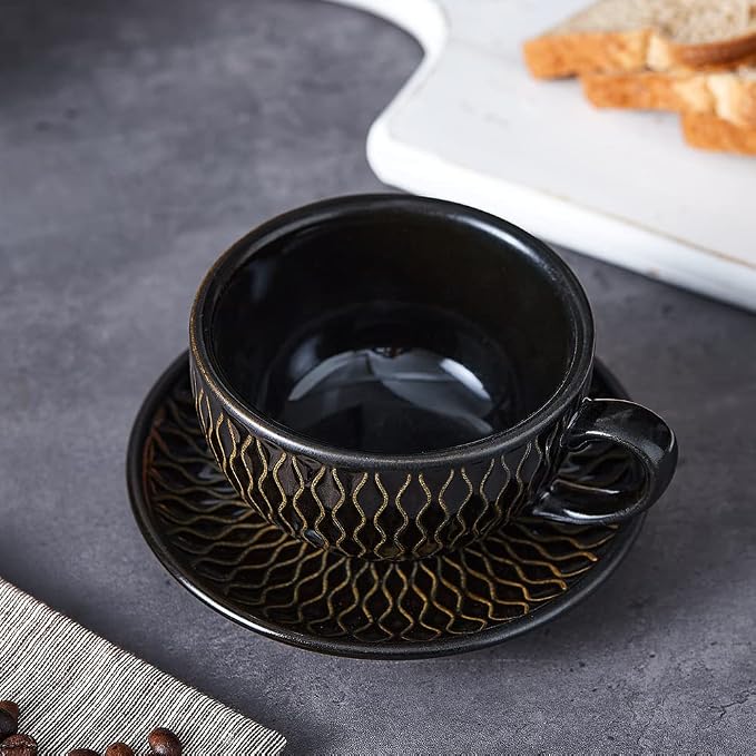 Coffeezone Vintage Design 12 oz Ceramic Latte Art Cappuccino Barista Cup with Saucer (Embossed Black) - Image 2