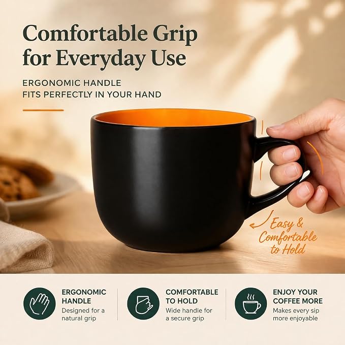 GBhome Jumbo Soup Mugs with Handles, 24 Oz Large Coffee Mugs Set of 4, Ceramic Soup bowls for Soup Cereal Snacks Salad Noodles Cups, Microwave safe - Matte Black, Colorful Inside - Image 6