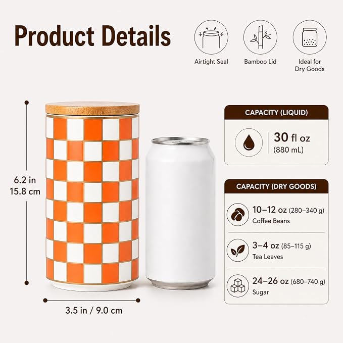 Kitchen Countertop Ceramic Checkered Canisters,Black And White Food Storage Containers With Lid,Airtight Kitchen Canisters for Flour, Sugar, Coffee, Tea, and Dry Goods (Orange, Large) - Image 3