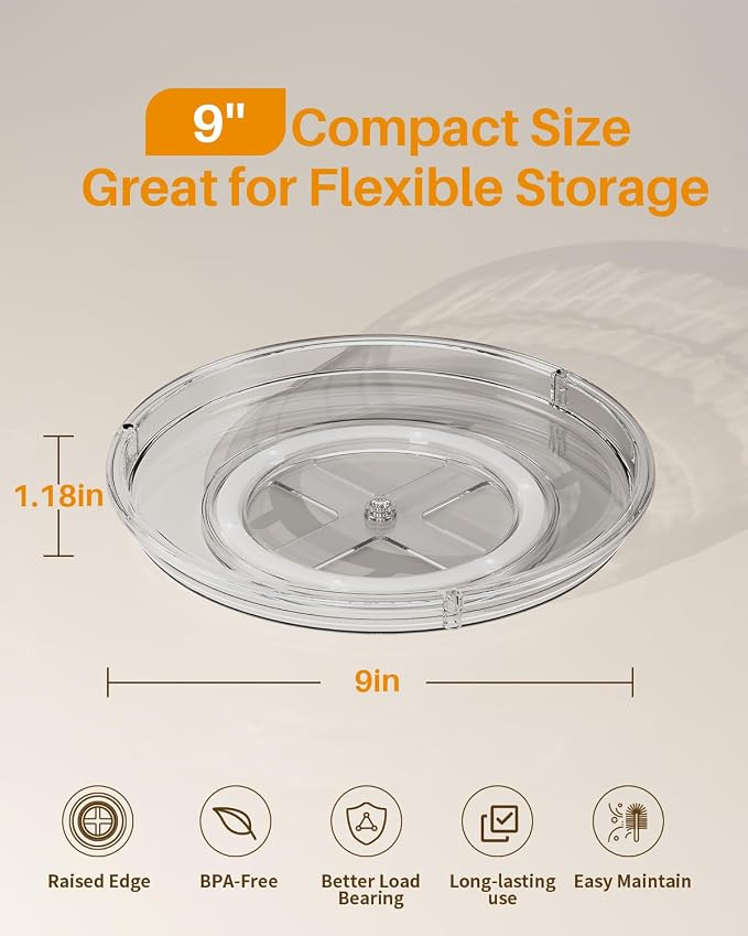 LAMU 2 Pack Lazy Susan Organizer 9 inch Lazy Susan Turntable for Cabinet, Rotating Spice Organization for Cabinet, Kitchen, Table Top, Countertop, Pantry Fridge Organizers and Storage, Gray - Image 8