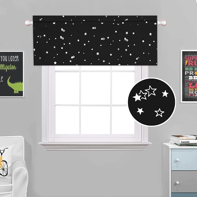 H.VERSAILTEX Blackout Curtain Valances for Kitchen Window/Living Room/Bathroom Privacy Added Rod Pocket Home Decoration Winow Valance, 52" W x 18" L, Glitter Stars in Black Base - Image 3