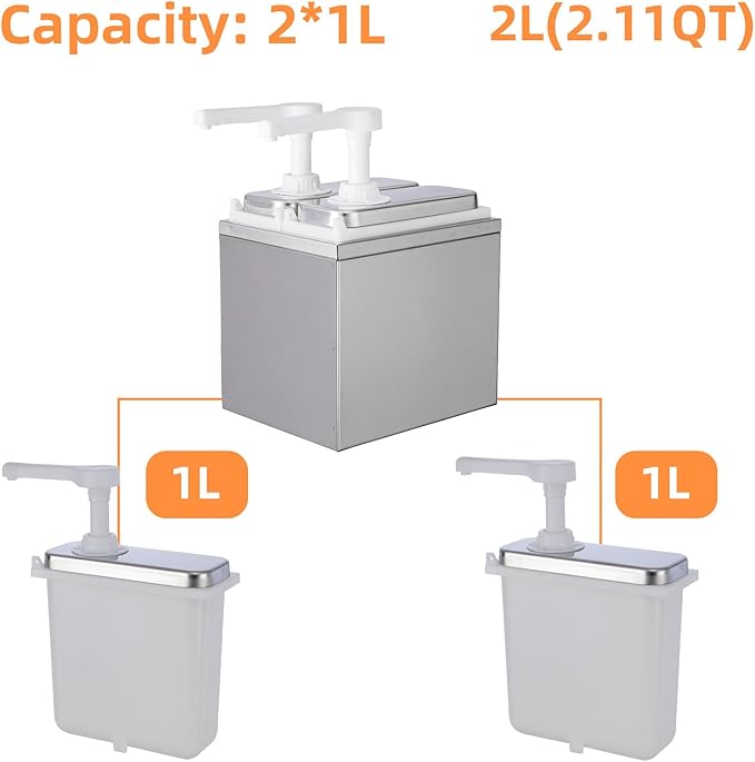 2.11 Quart Condiment Dispenser Pump,Syrup Pump Dispenser with Measuring Cup, Large Capacity Detachable Leak-Proof Design for Sauce, Honey, Syrup,Soy Sauce,Mustard,Cheese (1.06 QT, 2 pumphead)
