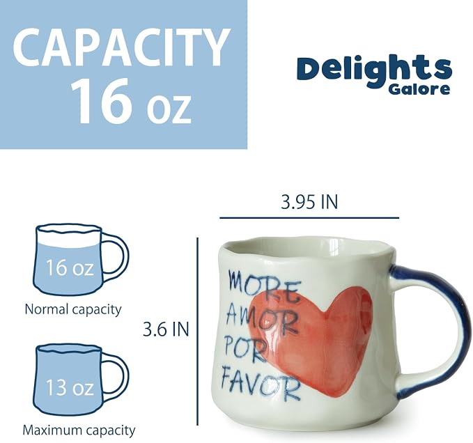 Unique Coffee Mug Gift Set of 4 - Cute 16oz Ceramic Cups with More Amor Por Favor Heart Art, Colorful Handle Tea Mugs, Ideal Birthday or Housewarming Gift for Women & Coffee Lovers - Image 6