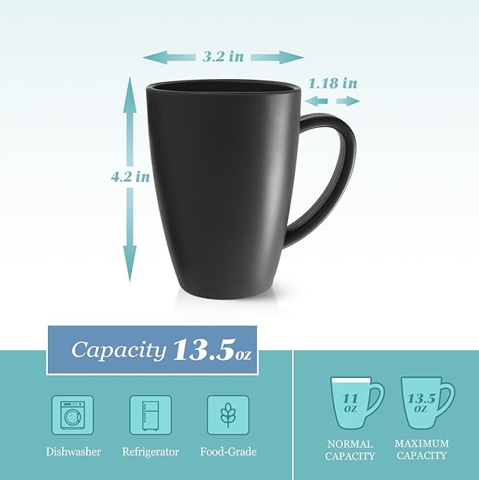 Teivio 12 Pack Wheat Straw Cups with Handle,Plastic 13.5 oz Squircle Mugs, Reusable Unbreakable Drinking Water Tumblers for Adults, Kids, Coffee, Camping,RV, Dishwasher Safe, Black - Image 2