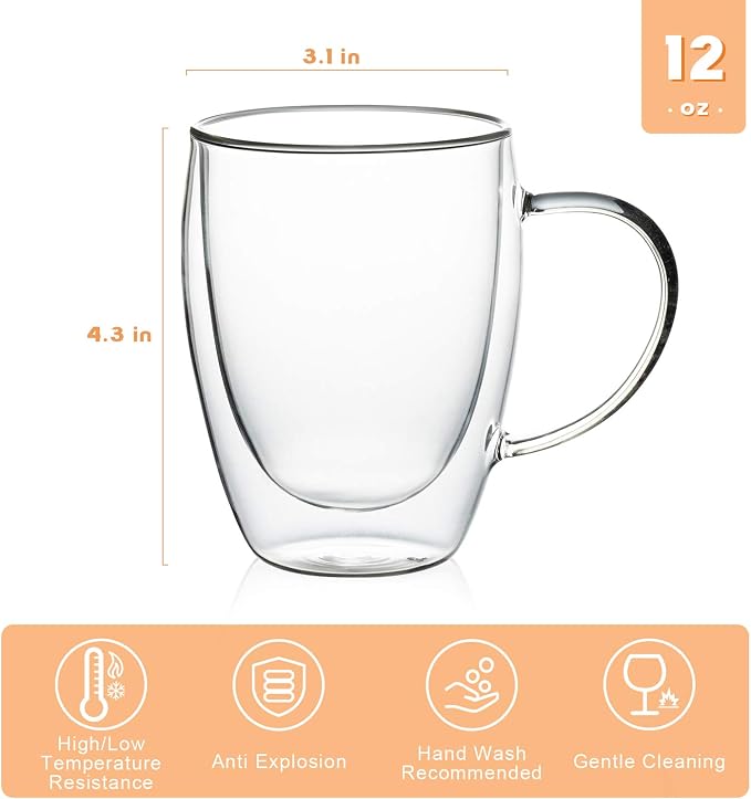 MEWAY 12oz/6 pack Coffee Mugs,Clear Glass Double Wall Cup with handle for Coffee, Tea, Latte, Cappuccino (12 oz，6) - Image 2