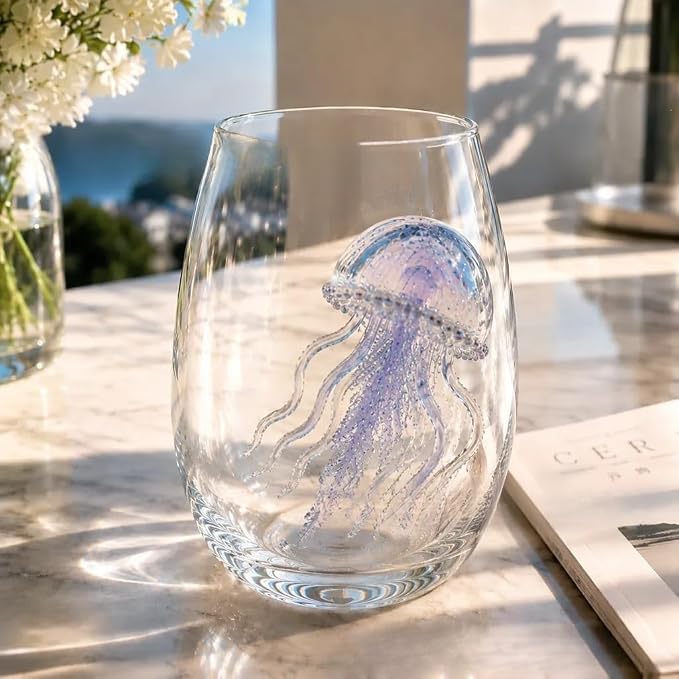 3D Octopuses Stemless Wine Glasses Artisanal Blue Ringed Octopus Glassware Coastal Christmas Home Decor Gift for Ocean Lovers，Jellyfish by Unknown