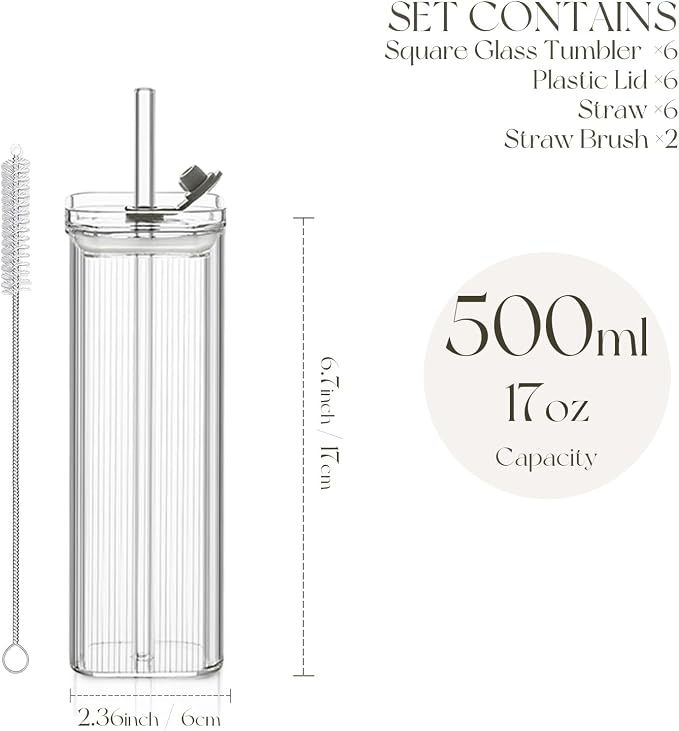 KEMORELA 6 Sets Glass Cups with Lids & Straws, Square Ribbed Drinking Glasses with Lids, Clear Highball Tumblers for Cocktail, Coffee, Juice, Beer, Modern Mixed Drinkware Jars - Image 4