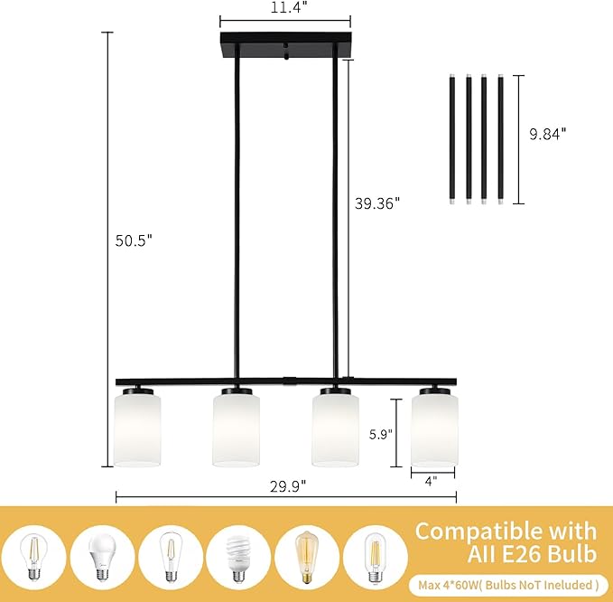 4-Light Kitchen Island Lighting Linear Chandelier Dining Room Light Fixture | 30'' Modern Island Lights for Kitchen, Farmhouse Black Chandeliers Over Table White Frosted Glass Shade, Adjustable Height - Image 5