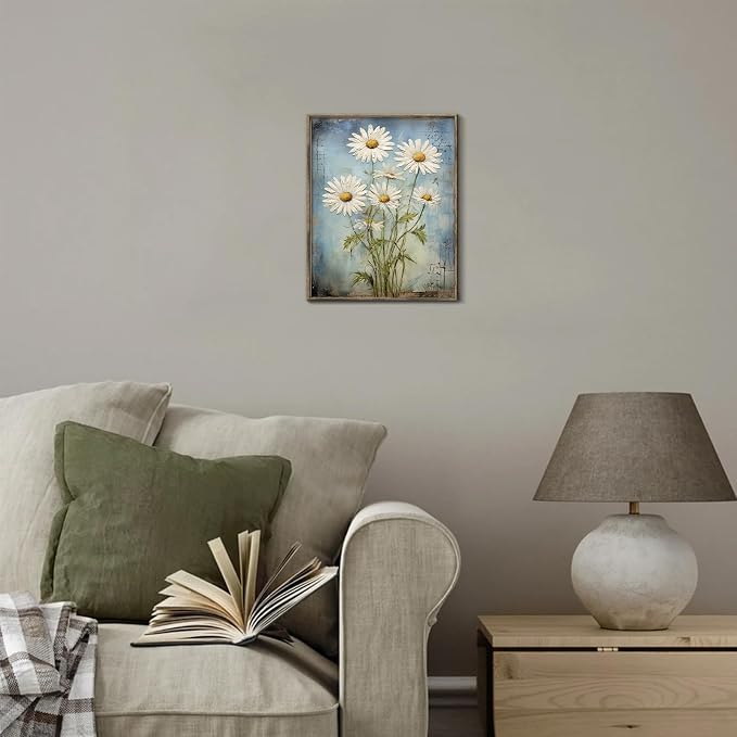 XOCUUI Unframed Wall Art For Bedroom DéCor Farmhouse Floral Canvas Wall Art White Daisy Wall Picture Daisy Canvas Print Neutral Artwork for Home Living Room Bedroom Office 12x16 - Image 4