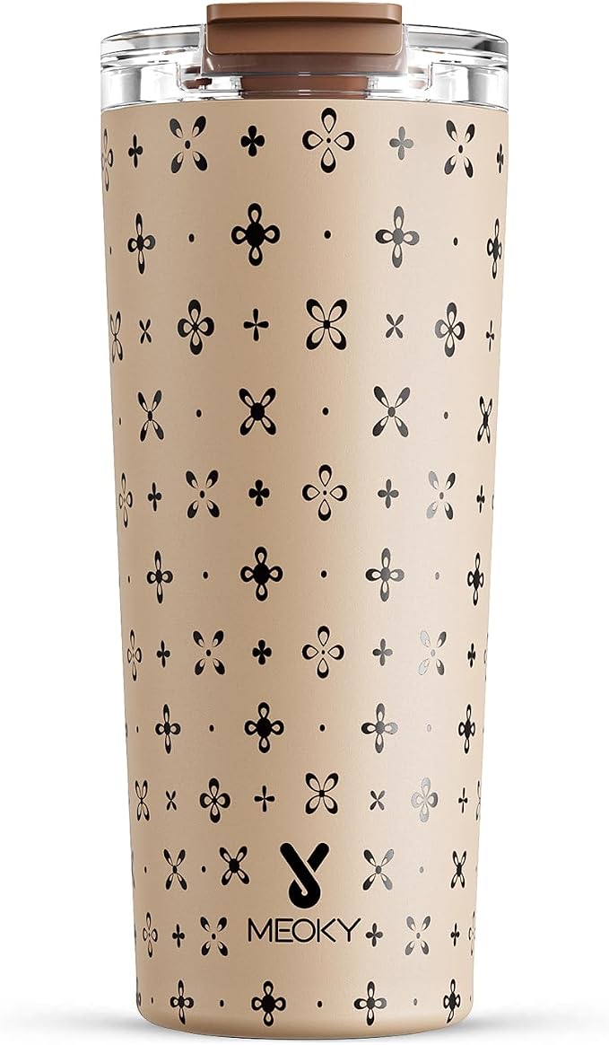 Meoky 24 oz Insulated Travel Coffee Mug: Leak Proof Lid, Mocha Cross | Stainless Steel Coffee Tumbler, Keeps Hot for 8 Hours or Cold for 24 Hours, Fits in Car Cup Holder, BPA Free by MEOKY