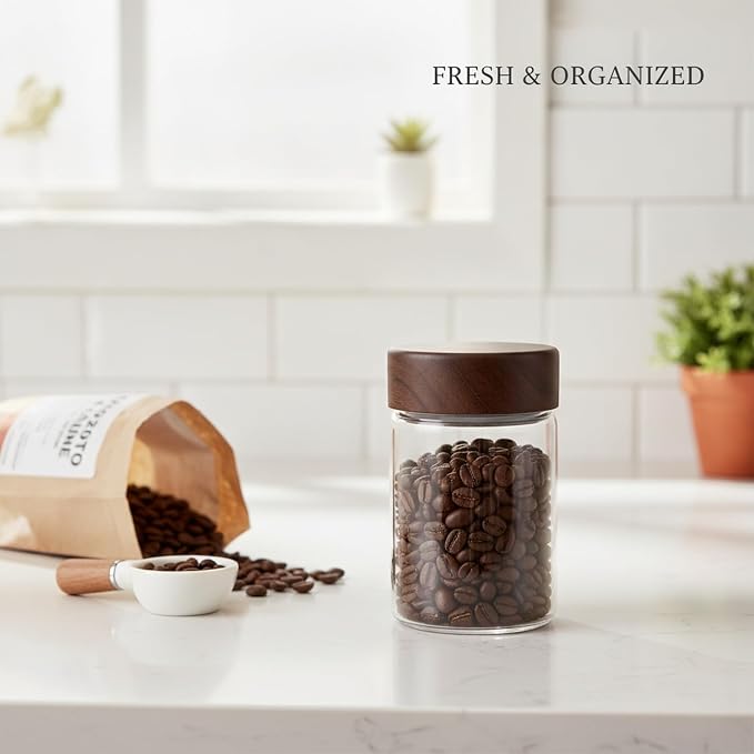 Glass Storage Jar with Acacia Wood Lid, Borosilicate Food Canister for Coffee Beans Tea Sugar Dry Pantry Staples (1 PC) - Image 2