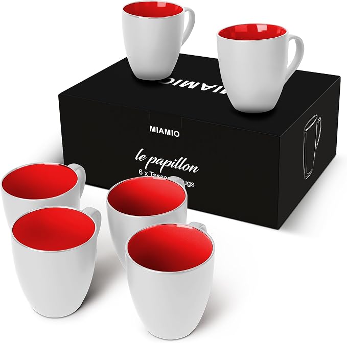 MIAMIO - Set of 6 Coffee Mugs 12 ounce – Modern Ceramic Coffee Cup Set in White Red – Large Coffee Cups for Coffee, Tea and Cappuccino – Dishwasher and Microwave Safe by MIAMIO