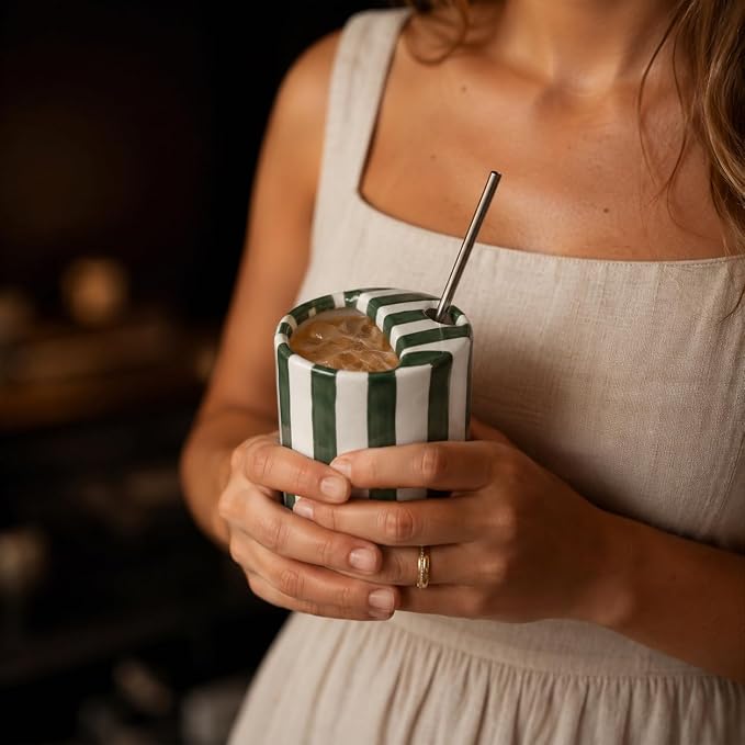 Ceramic Coffee Mug with Sip Hole Espresso Cup 10oz with Straws and Sleeve | 10oz Hand-Painted Striped Travel Mug Microwave & Dishwasher Safe for Coffee Lover - Green with Straw - Image 7