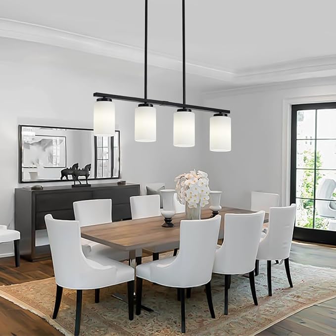 4-Light Kitchen Island Lighting Linear Chandelier Dining Room Light Fixture | 30'' Modern Island Lights for Kitchen, Farmhouse Black Chandeliers Over Table White Frosted Glass Shade, Adjustable Height - Image 3