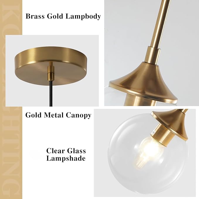 KCO Lighting Brushed Gold Kitchen Pendant Light 7” Modern Clear Glass Globe Pendant Light Brass Dining Room Light Fixture Mid Century Entryway Hanging Light Fixture (2 Pack) - Image 3