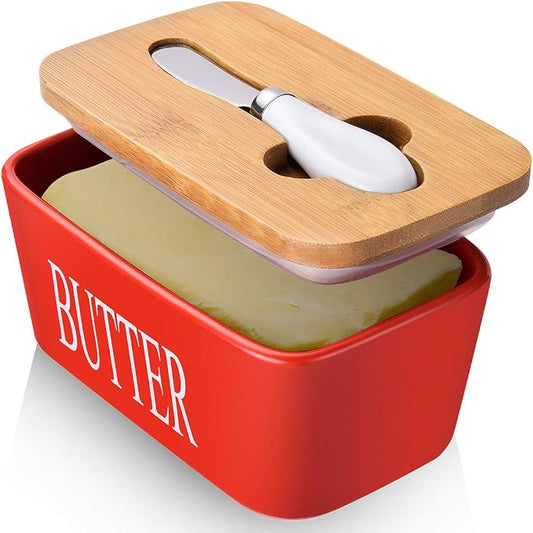 AISBUGUR Large Butter Dish with Lid Ceramics Butter Keeper Container with Knife and High- quality Silicone Sealing Butter Dishes with Covers Good Kitchen Gift Red 6.3 x 3.5 x 2.7 inches | Suitable Capacity, Great Sealing, Home Decor Kitchen Gift Housew... by AISBUGUR