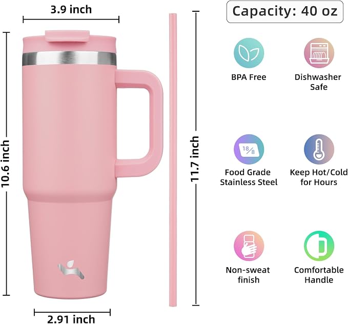 Konokyo 40 oz Insulated Tumbler Water Bottle with Handle, Straw Lid | BPA-free and dishwasher safe; made for gym, travel, coffee and gifting, 2 straws, cup holder friendly,Pink - Image 4