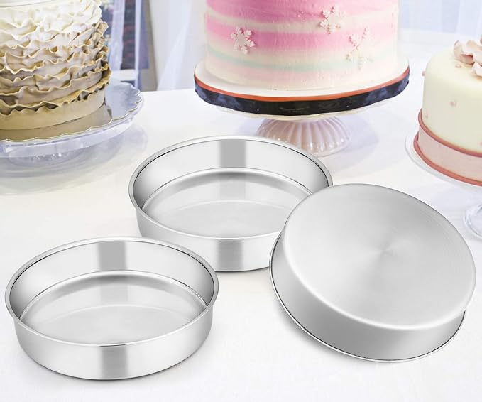 E-far 11 Inch Cake Pan Set of 3, Stainless Steel Round Cake Baking Pans, Non-Toxic & Healthy, Mirror Finish & Dishwasher Safe - Image 4