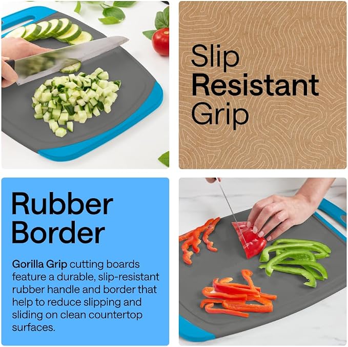 GORILLA GRIP BPA-Free Reversible Kitchen Cutting Board Set of 3, US Designed, Nonporous, Juice Grooves Catch Liquid, Slip Resistant Border, Dishwasher Safe, Durable Food Chopping Boards, Gray Aqua - Image 3