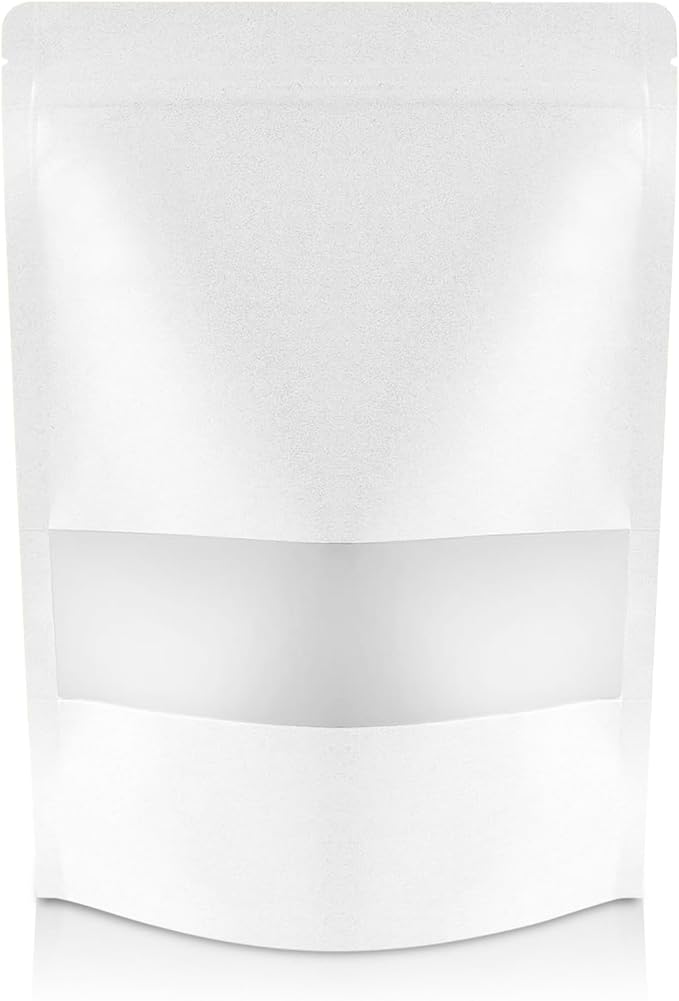 DiRose White Kraft Stand Up Pouches with Window, Reclosable Food Storage Bags, Heat Sealable Stand Up Pouch for Coffee, Candy, Nuts, Tea, Spices – 12 oz (100 Pack) by DiRose